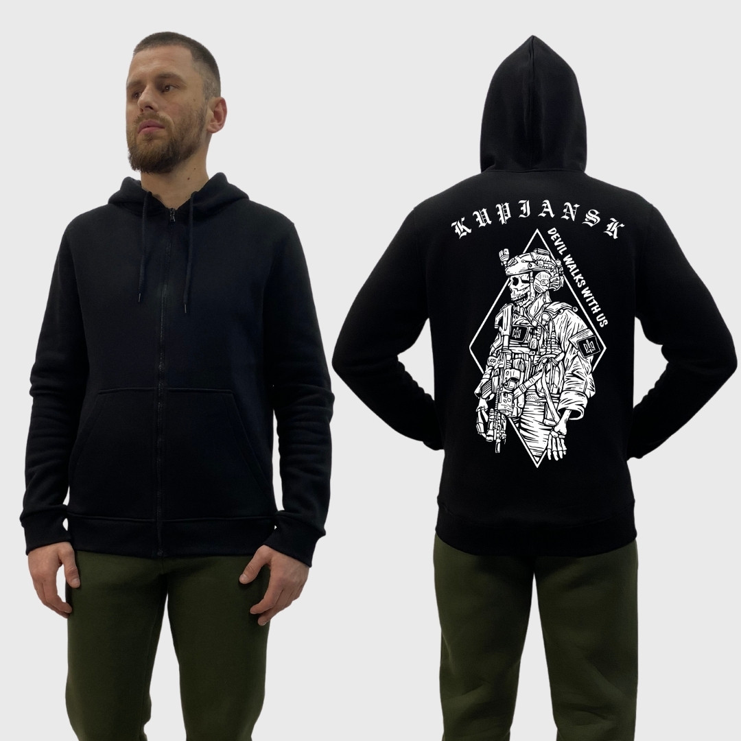 Чоловічий зіп-худі на флісі з принтом Вовчанськ скелет з тризубцем, Чорний