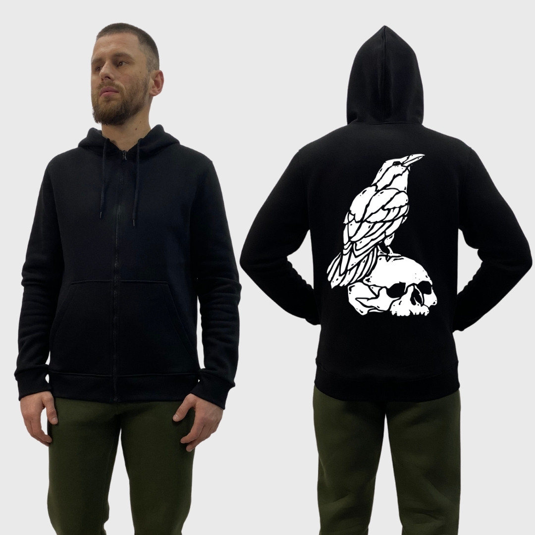 Чоловічий зіп-худі на флісі з принтом Ворон на черепі, Чорний