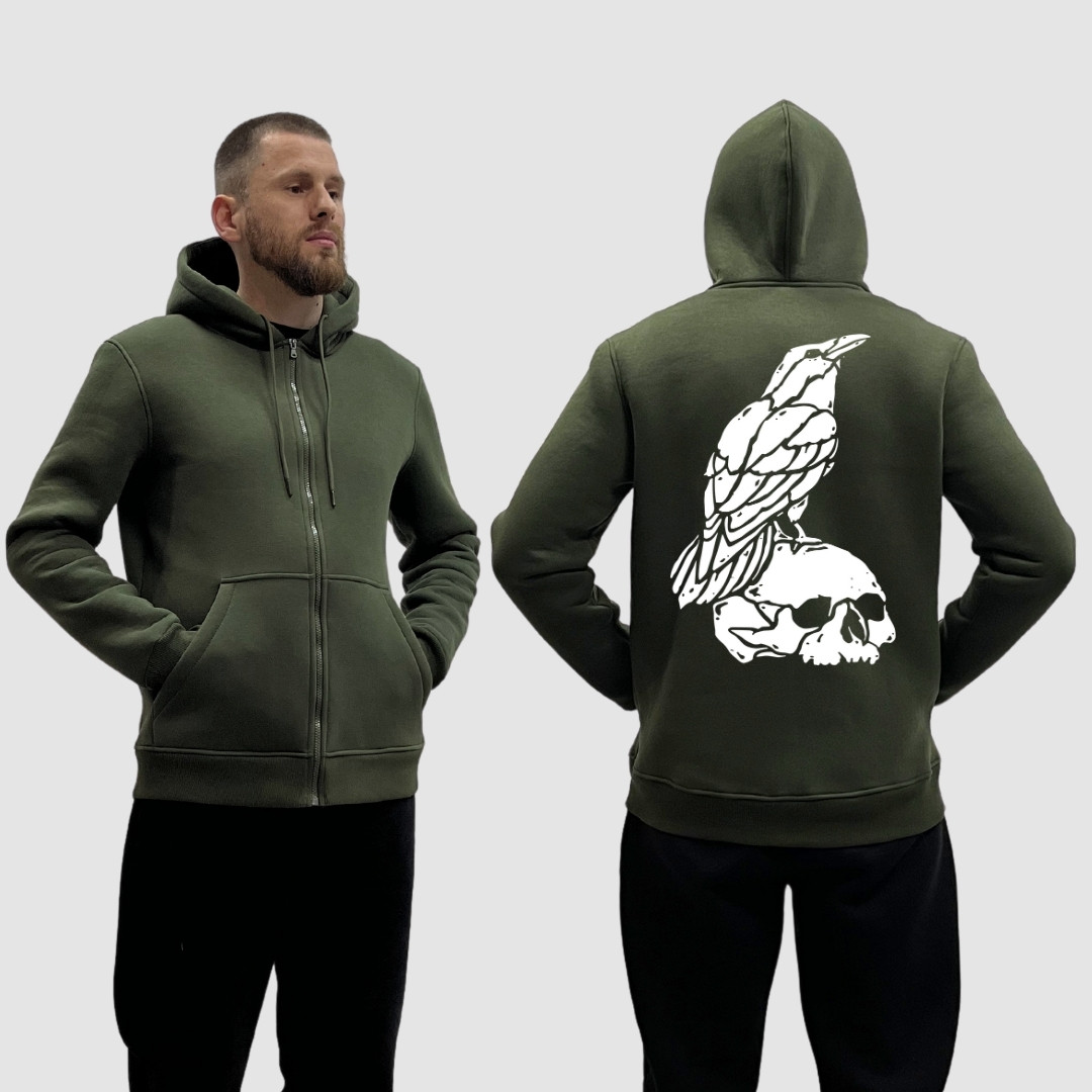 Чоловічий зіп-худі на флісі з принтом Ворон на черепі, Хакі