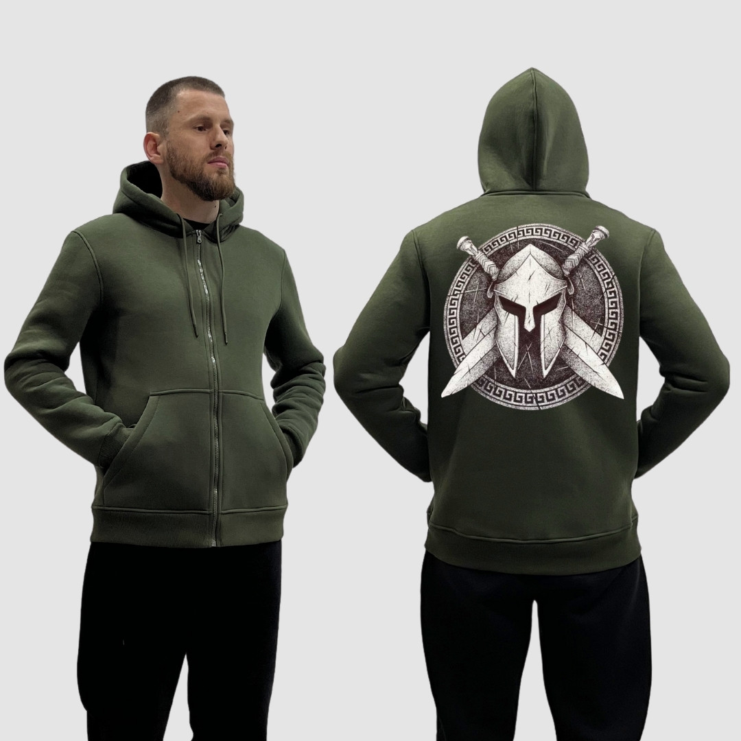 Чоловічий зіп-худі на флісі з принтом Гладіатор щит, Хакі