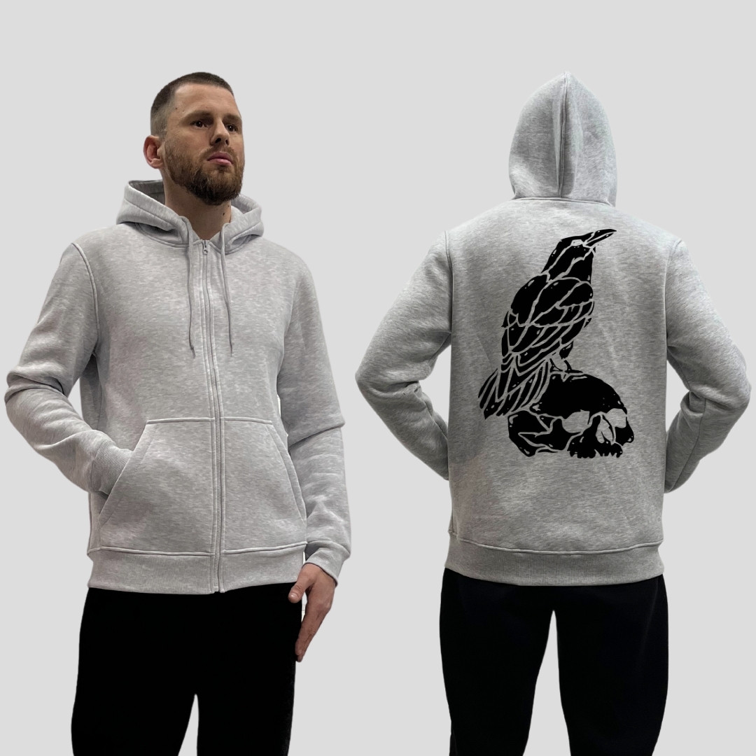 Чоловічий зіп-худі на флісі з принтом Ворон на черепі, Сірий