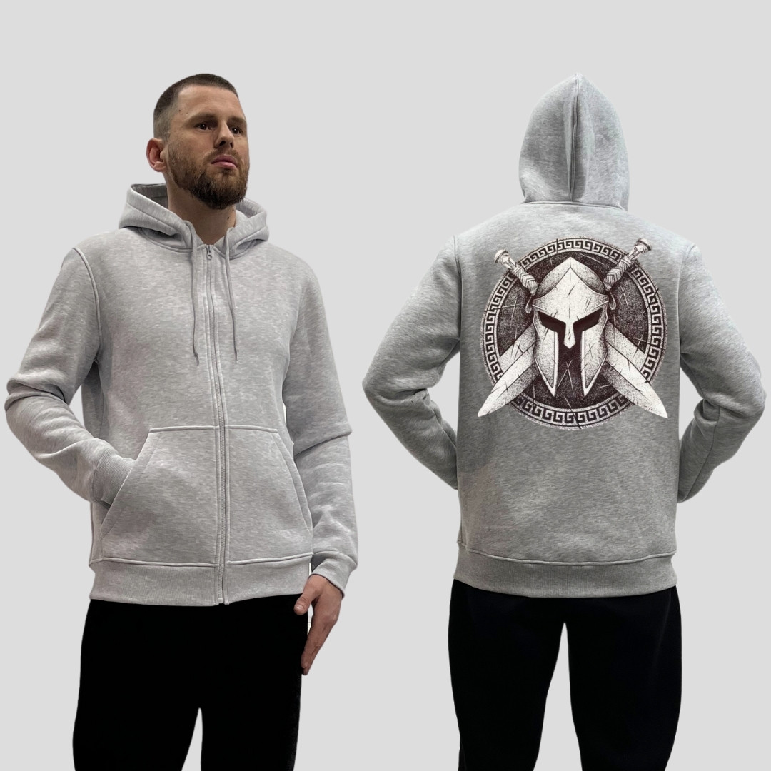 Чоловічий зіп-худі на флісі з принтом Гладіатор щит, Сірий