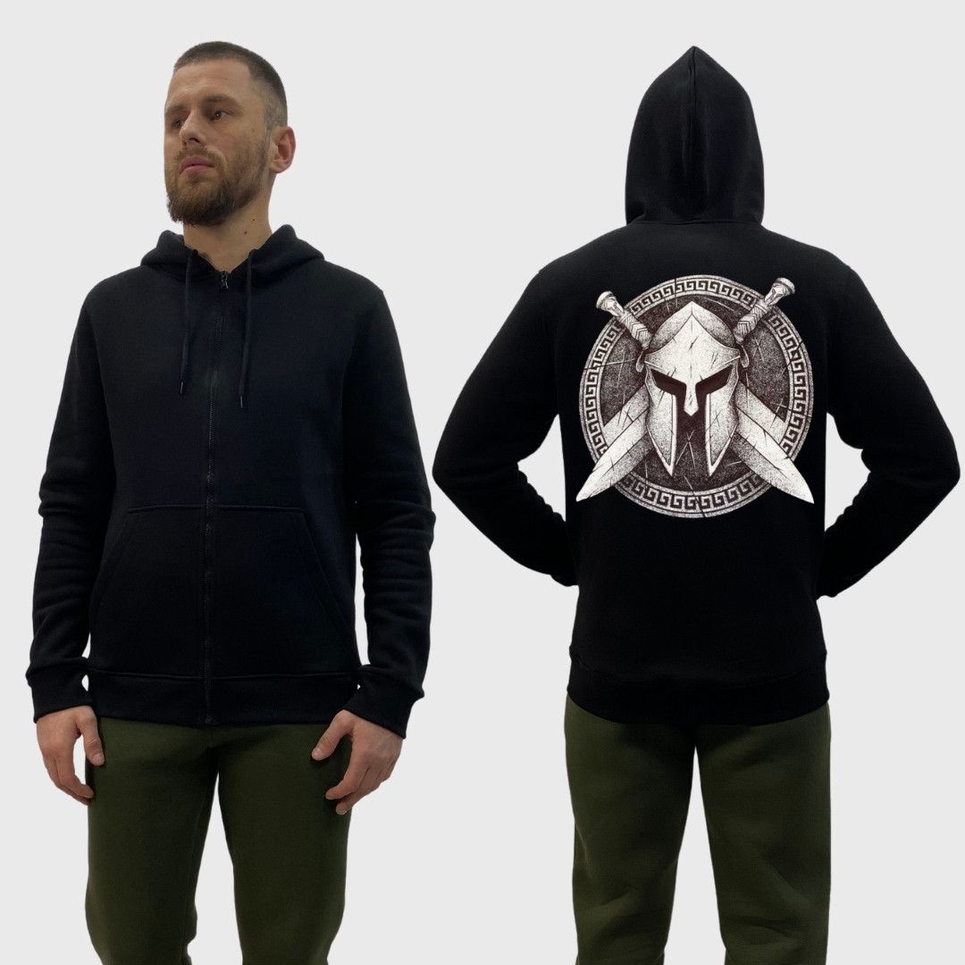 Чоловічий зіп-худі на флісі з принтом Гладіатор щит, Чорний