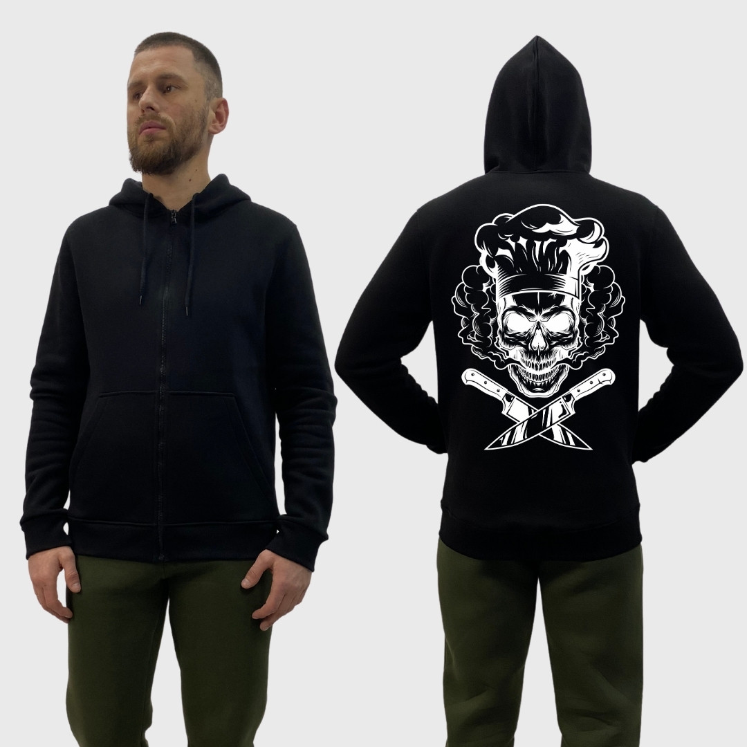 Чоловічий зіп-худі на флісі з принтом Пекельний кухар череп ножі, Чорний