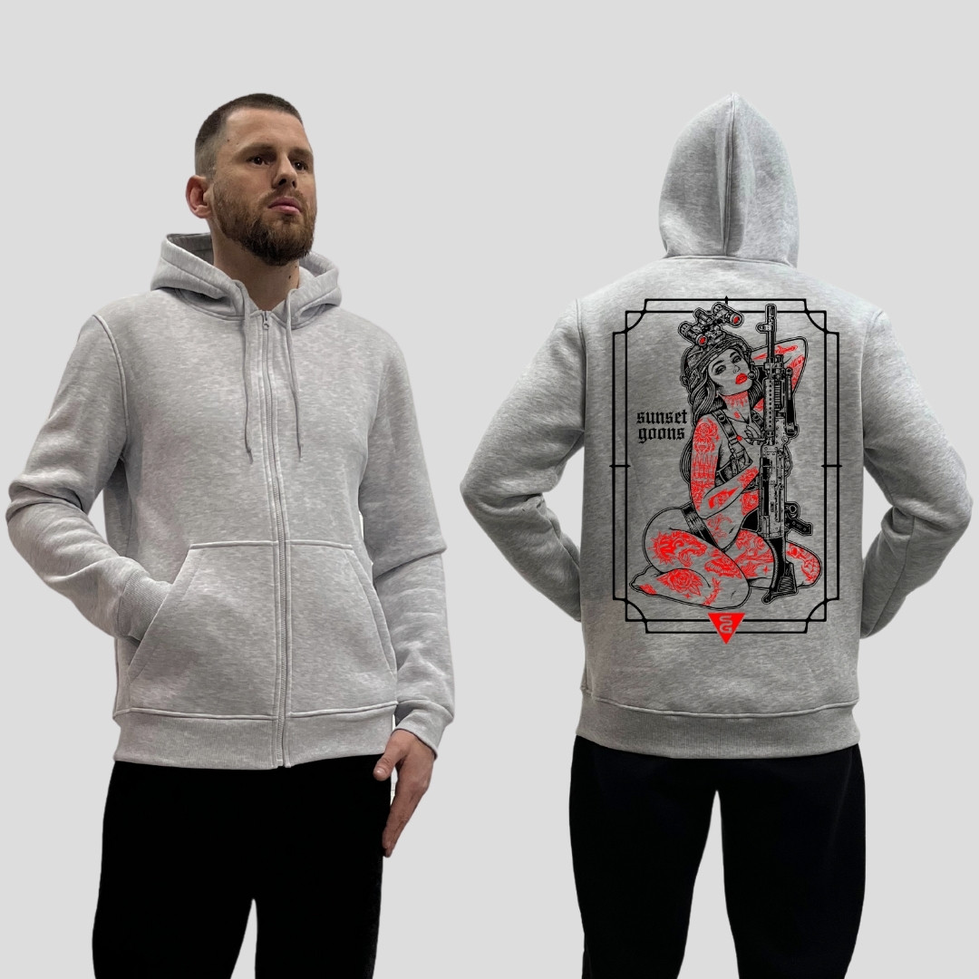 Чоловічий зіп-худі на флісі з принтом Дівчина з гвинтівкою та червоними тату Sunset Goons, Сірий