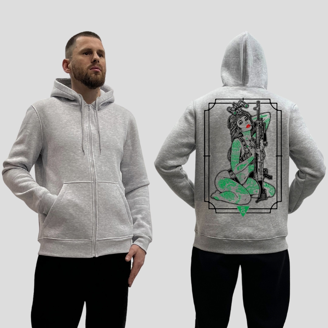Чоловічий зіп-худі на флісі з принтом Дівчина з гвинтівкою та зеленими тату Sunset Goons, Сірий
