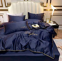 Постільна білизна полуторна Сатин / Комплект півтораспальної постільної білизни з вишивкою Синій