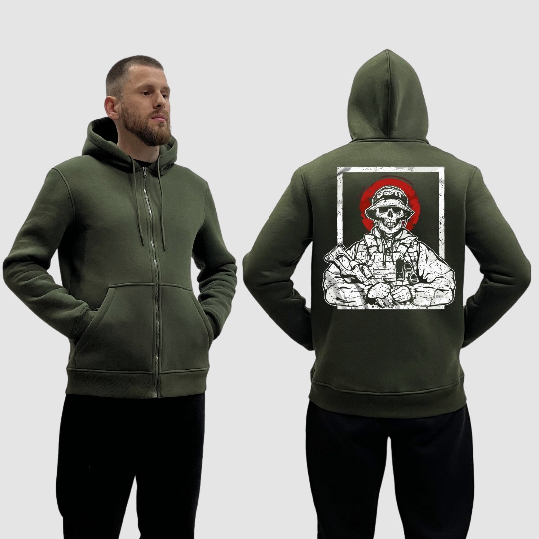 Чоловічий зіп-худі на флісі з принтом Військовий скелет у панамі червона луна, Хакі