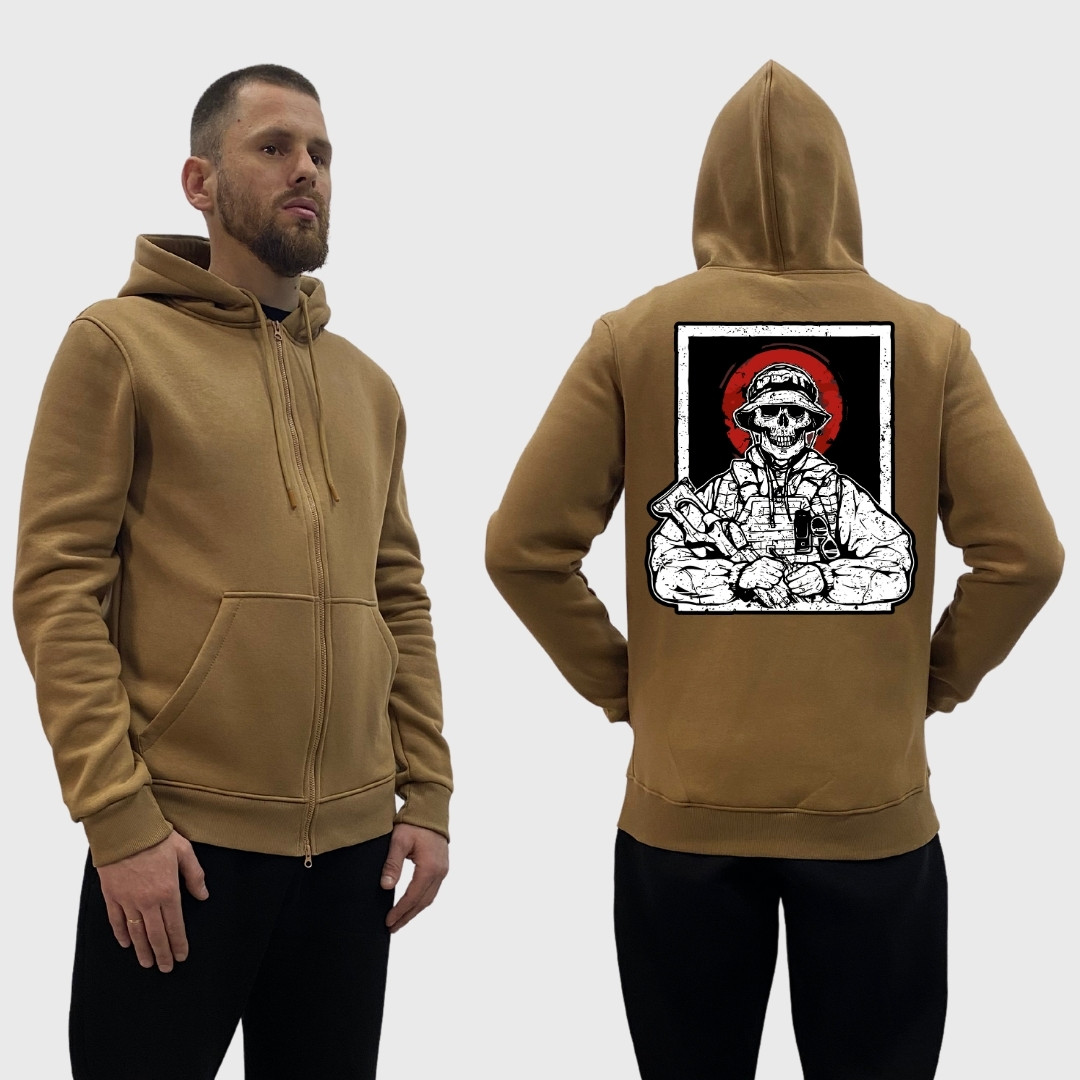 Чоловічий зіп-худі на флісі з принтом Військовий скелет у панамі червона луна, Койот