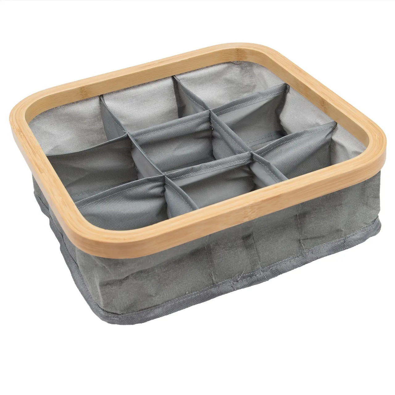 Органайзер для зберігання білизни бамбуковий 30х30х9,5см, кофр для речей з бамбука та текстилю на 9 осередків, сірий, фото 1