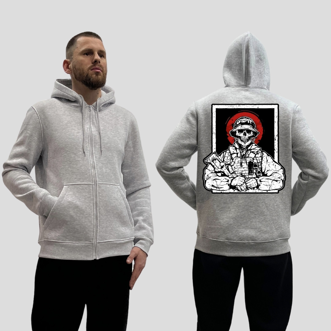 Чоловічий зіп-худі на флісі з принтом Військовий скелет у панамі червона луна, Сірий