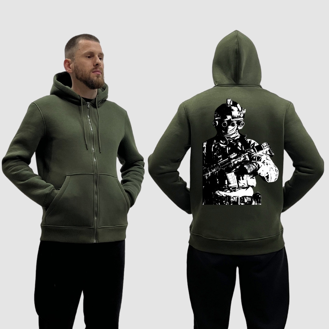 Чоловічий зіп-худі на флісі з принтом Військовий у тіні, Хакі