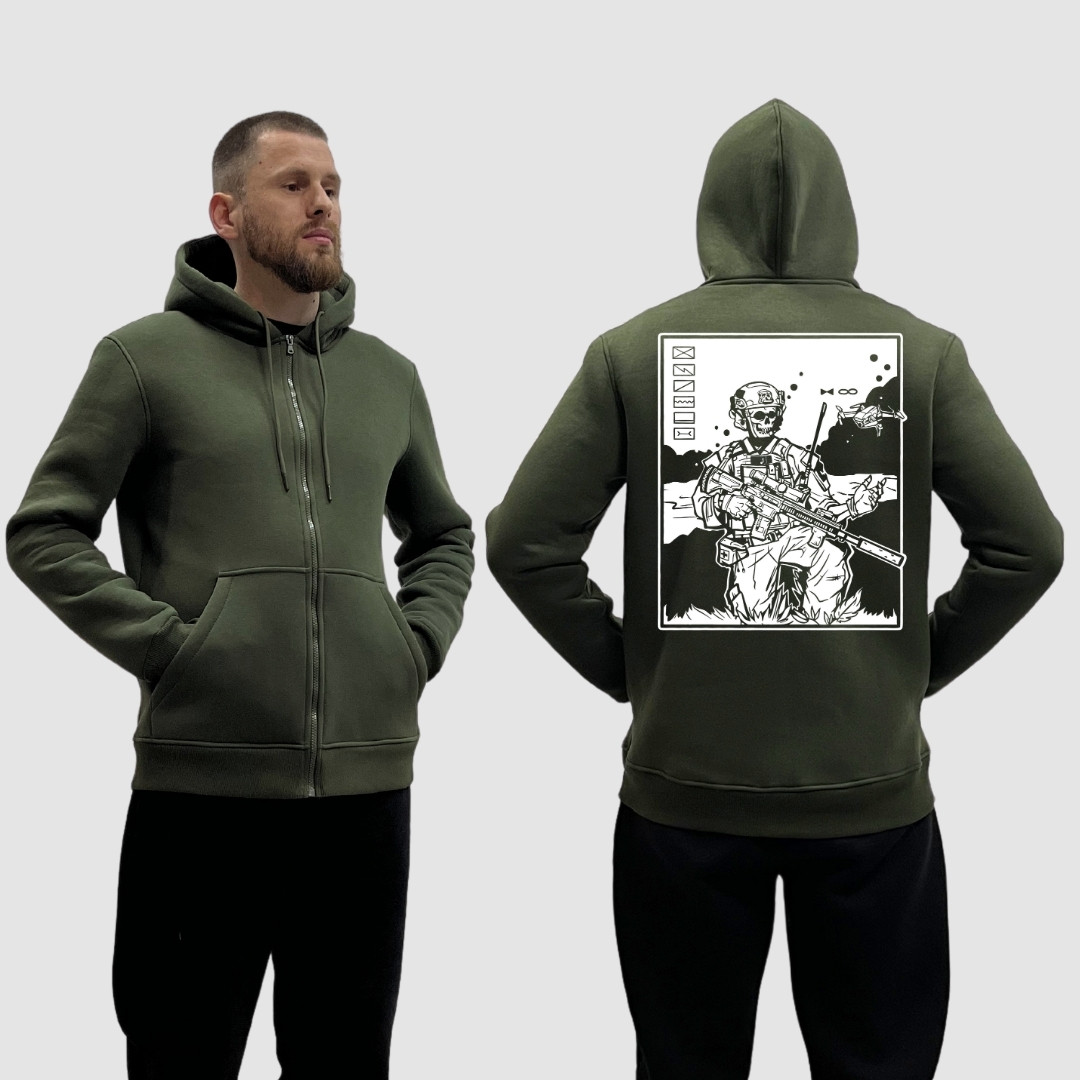 Чоловічий зіп-худі на флісі з принтом Військовий скелет рушниця дрон FPV розвідка, Хакі