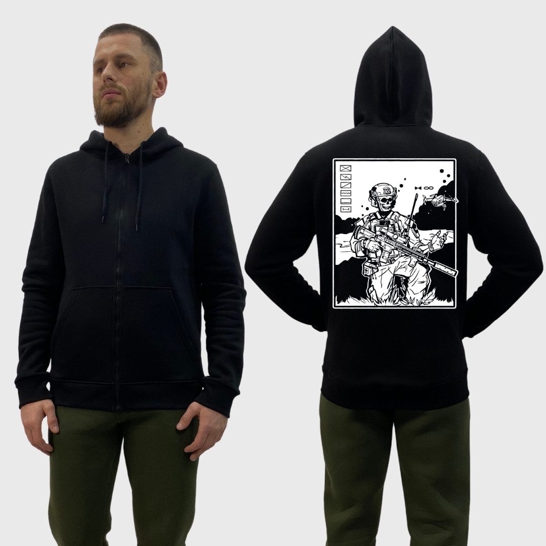 Чоловічий зіп-худі на флісі з принтом Військовий скелет рушниця дрон FPV розвідка, Чорний