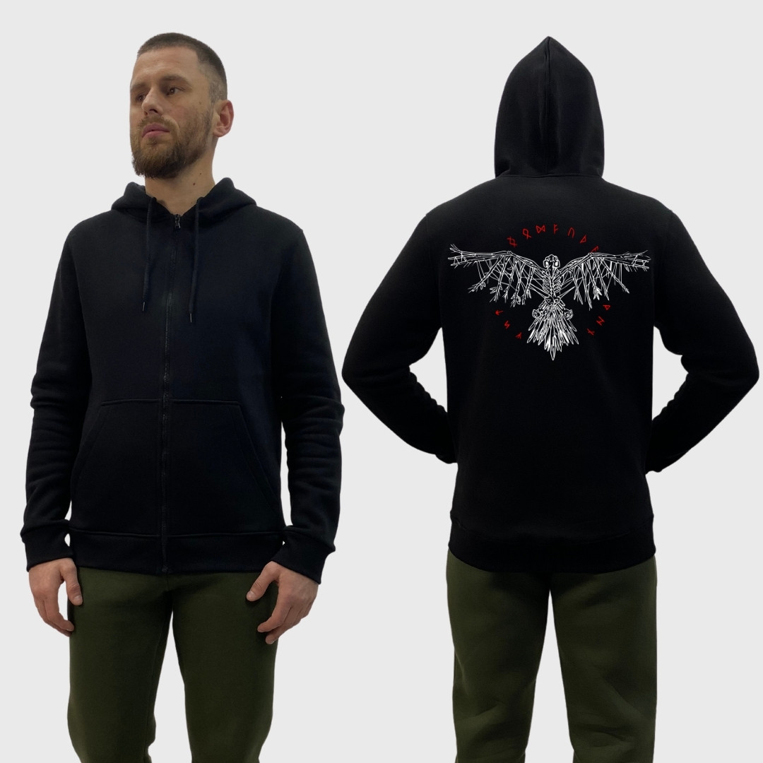 Чоловічий зіп-худі на флісі з принтом Ворон розкрив крила коло із рун, Чорний