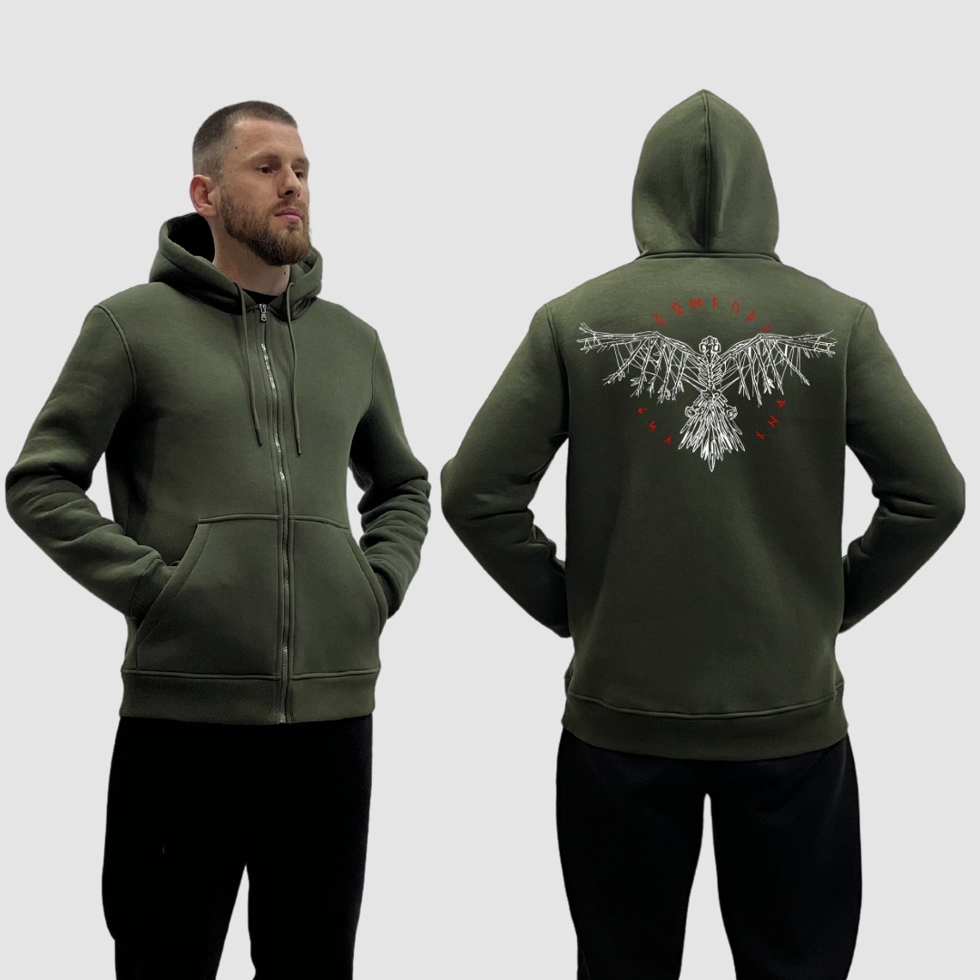 Чоловічий зіп-худі на флісі з принтом Ворон розкрив крила коло із рун, Хакі