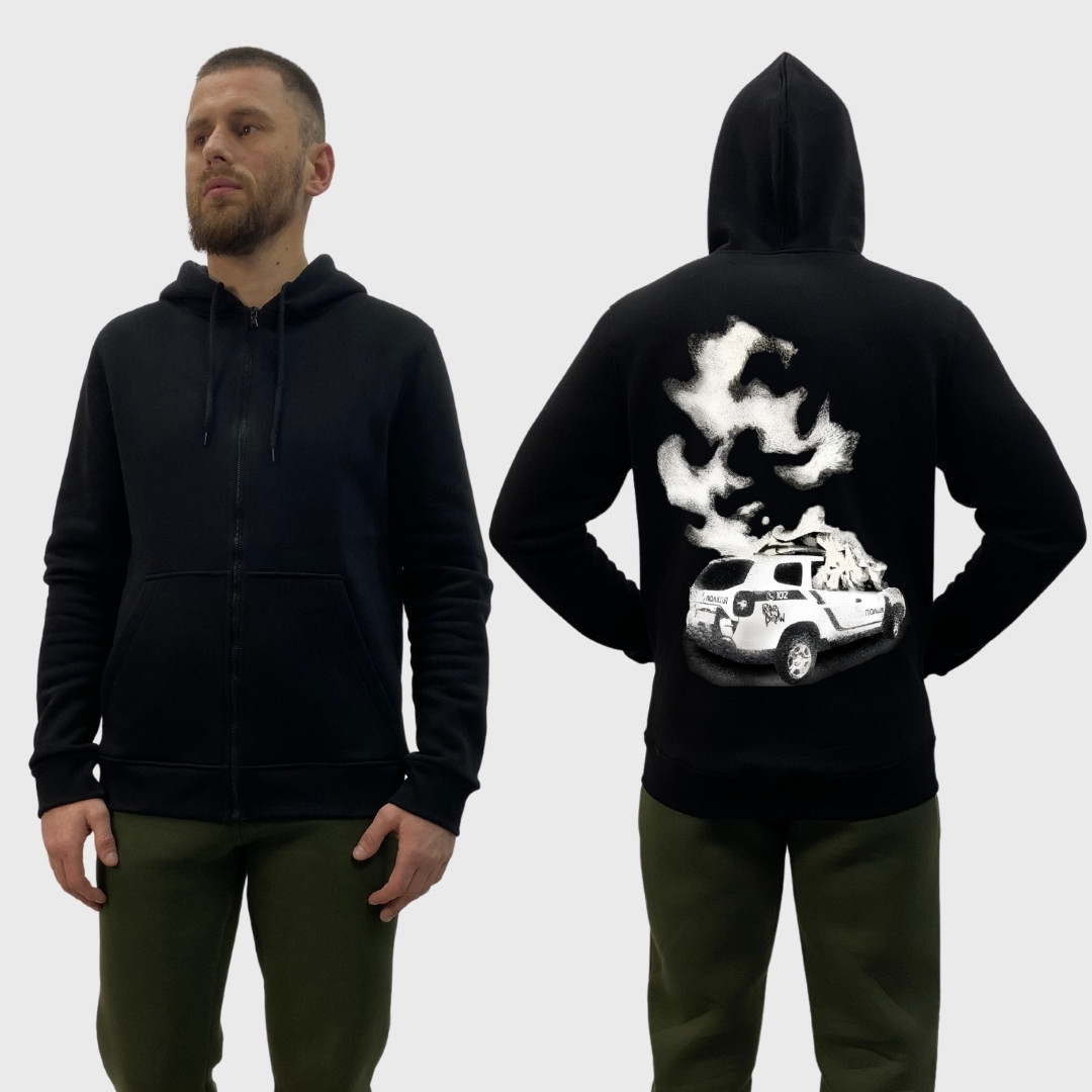 Чоловічий зіп-худі на флісі з принтом Поліція палає у вогні дим машина, Чорний