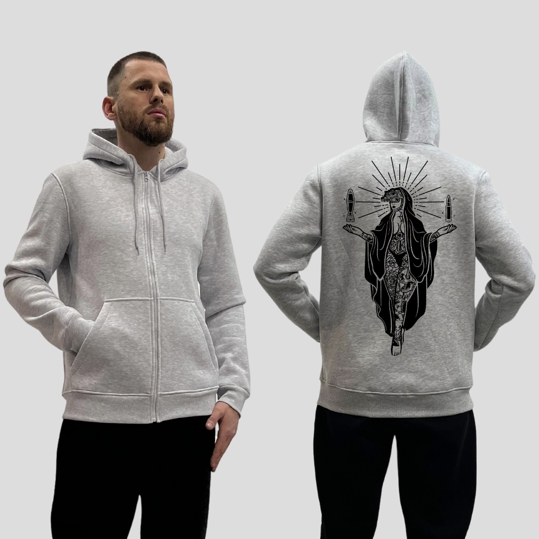 Чоловічий зіп-худі на флісі з принтом Діва Марія з мінами у руках, Сірий