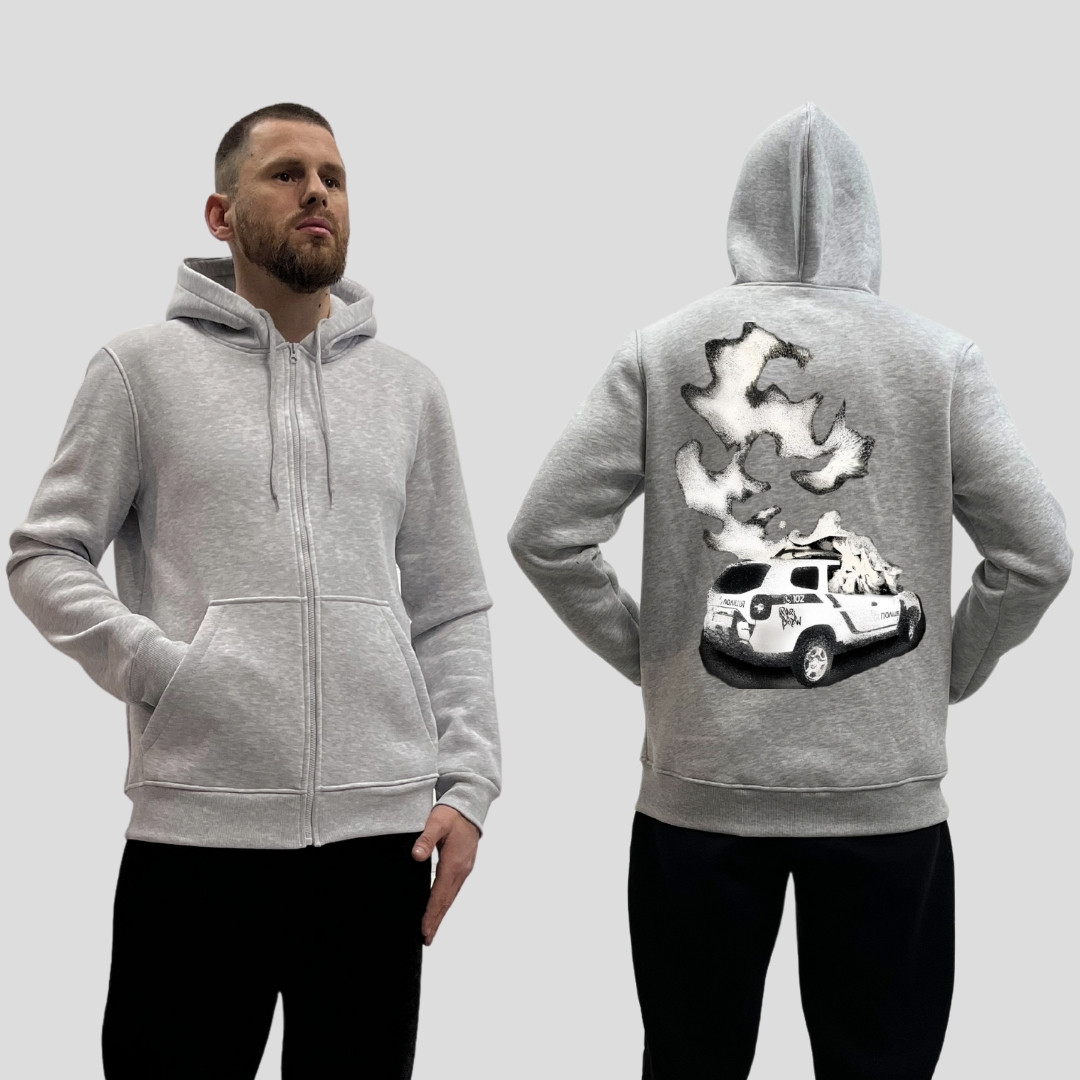 Чоловічий зіп-худі на флісі з принтом Поліція палає у вогні дим машина, Сірий