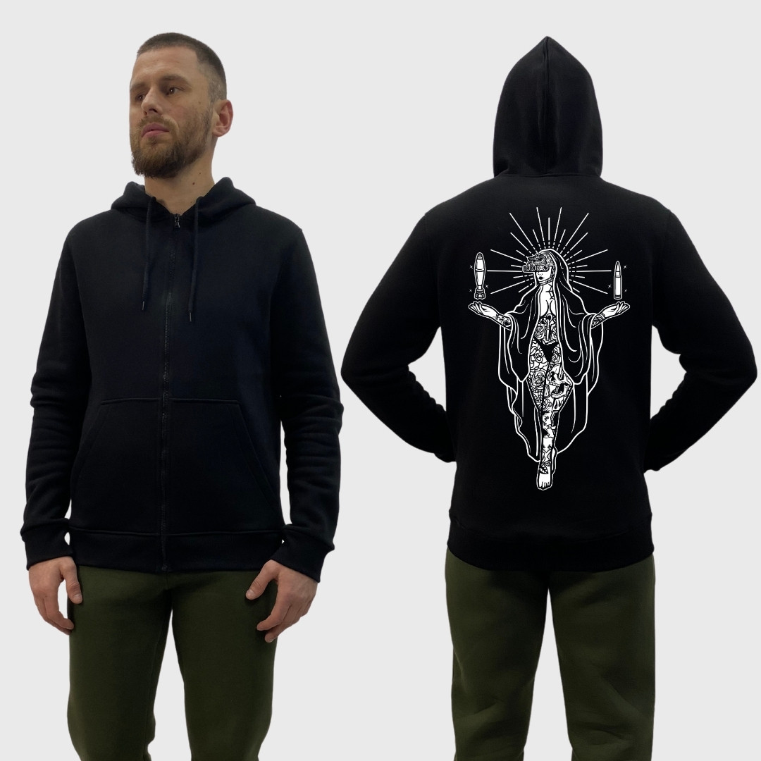 Чоловічий зіп-худі на флісі з принтом Діва Марія з мінами у руках, Чорний