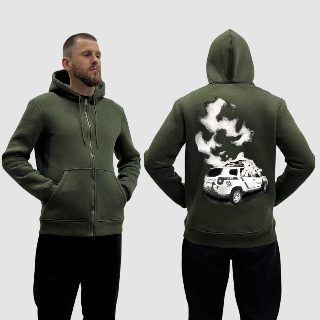 Чоловічий зіп-худі на флісі з принтом Поліція палає у вогні дим машина, Хакі