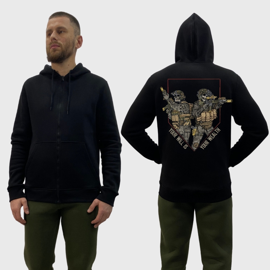 Чоловічий зіп-худі на флісі з принтом Воля - багатство скелети військові, Чорний