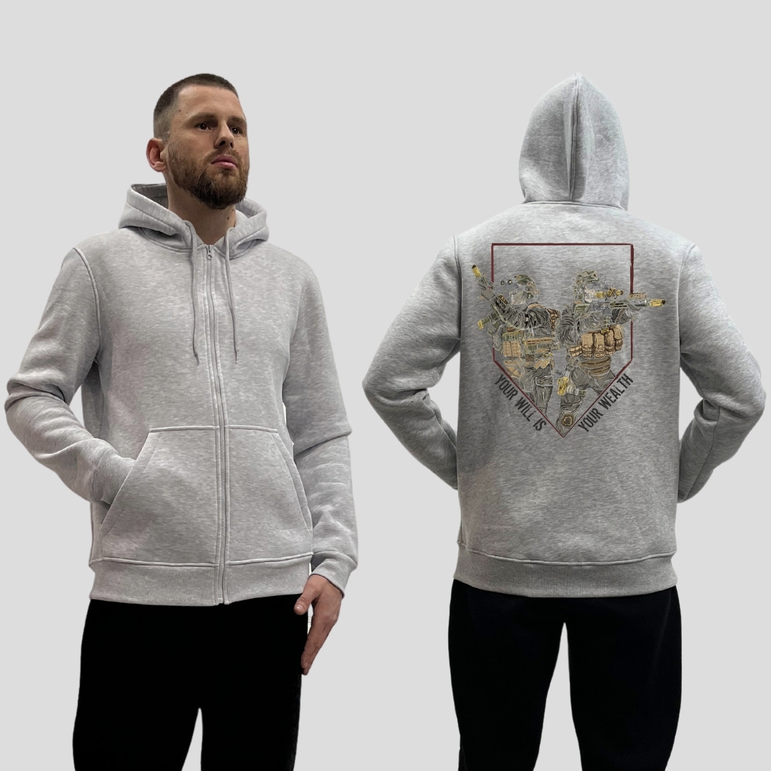 Чоловічий зіп-худі на флісі з принтом Воля - багатство скелети військові, Сірий
