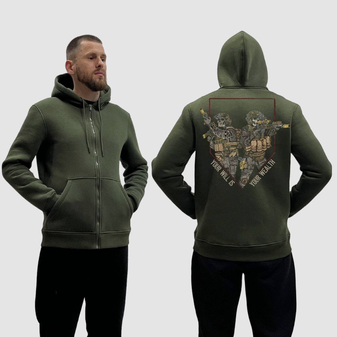 Чоловічий зіп-худі на флісі з принтом Воля - багатство скелети військові, Хакі
