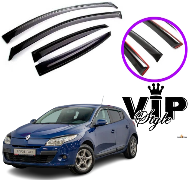 Дефлектори вікон вітровики Renault Megane III хетчбек 2008-2015 (скотч) VIP Tuning