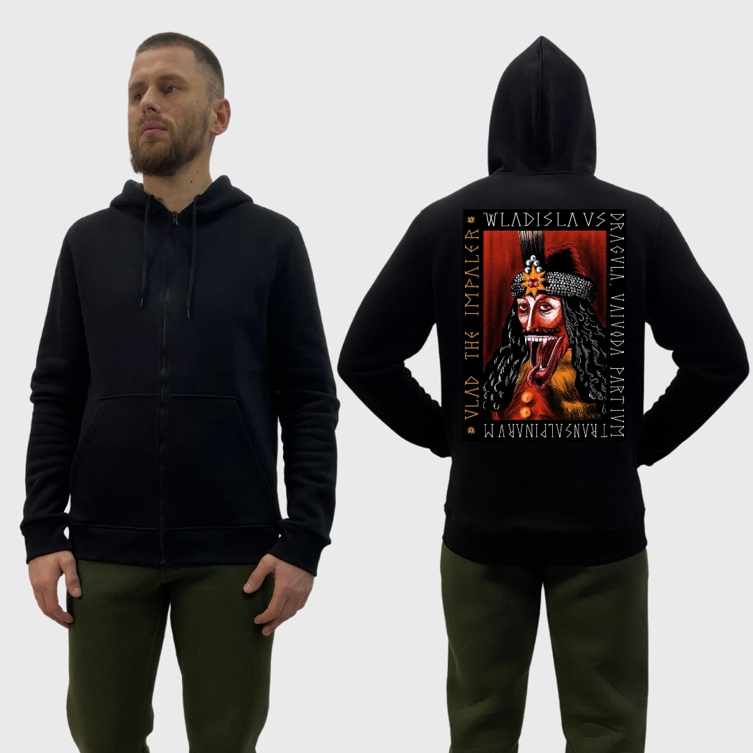 Чоловічий зіп-худі на флісі з принтом Граф Дракула Vladislav Dracula арт, Чорний