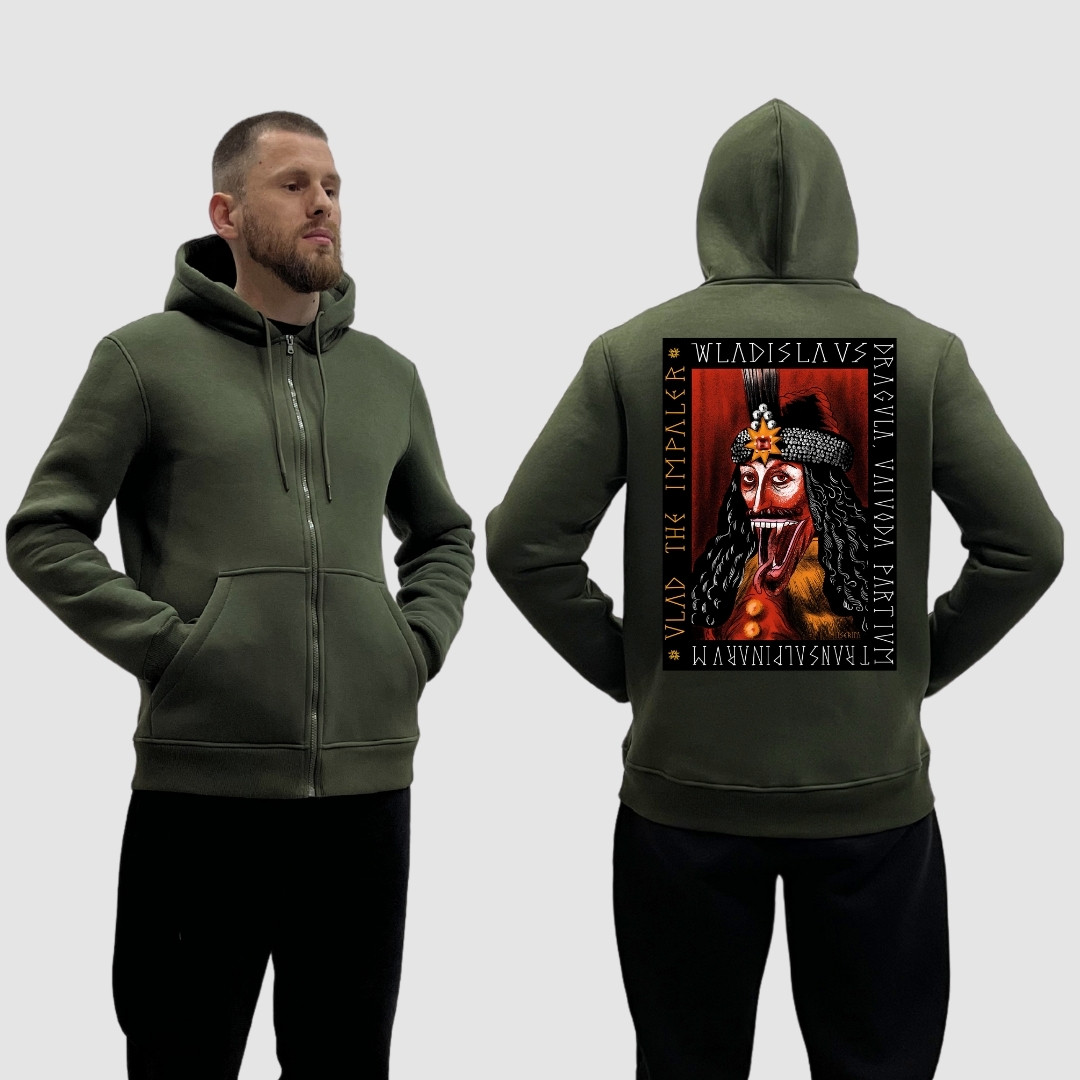 Чоловічий зіп-худі на флісі з принтом Граф Дракула Vladislav Dracula арт, Хакі