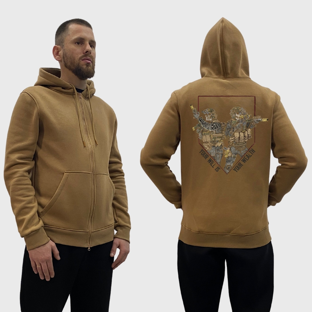 Чоловічий зіп-худі на флісі з принтом Воля - багатство скелети військові, Койот