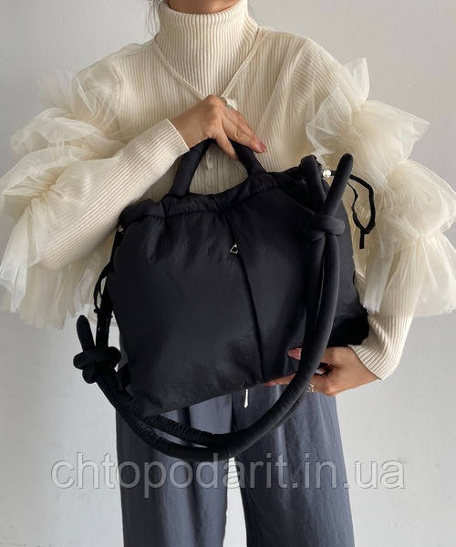 Сумка Fluffy, жіноча міська сумочка, м'який стильний пуховий рюкзак, дута сумка чорного кольору Код 00-0447