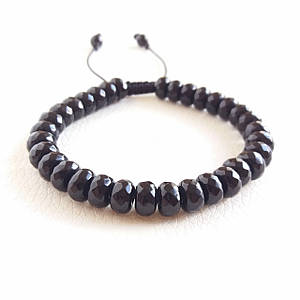 Браслет із Чорного агату плоскі намистини на шнурі
