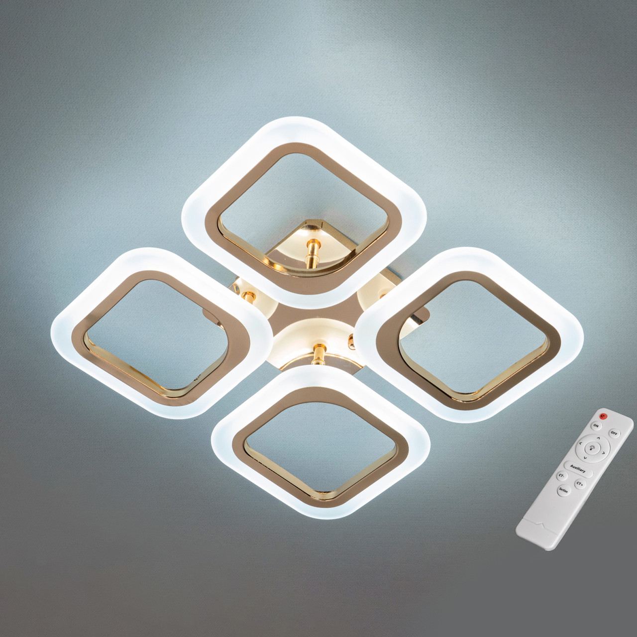 Світлодіодна Led-люстра з пультом у золотому кольорі квадтратної форми до 13 м², фото 1