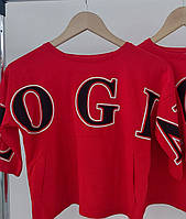 Красная футболка кроп топ оверсайз для девочки подростка, детские яркие короткие топики с надписями на лето 12-14 л