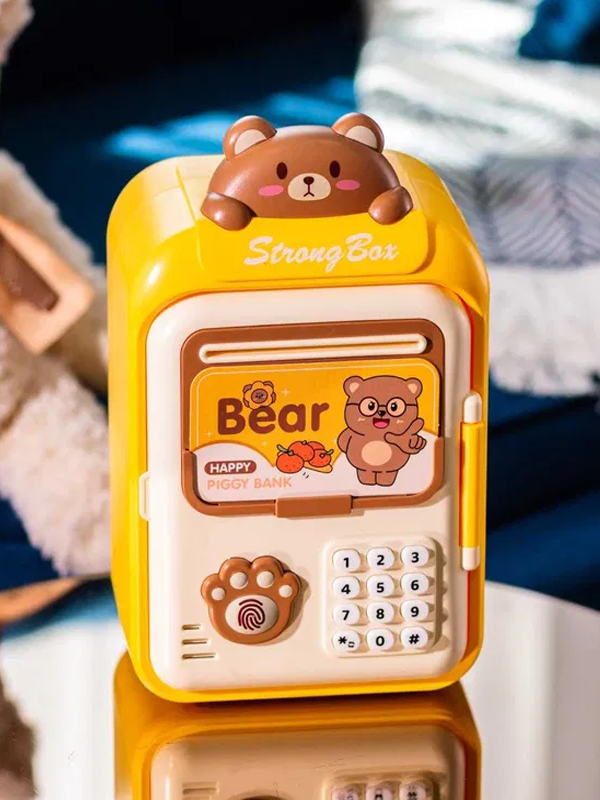 Скарбничка сейф дитяча для паперових грошей Bear із замком і відбитком пальця жовта сейфи скарбнички для дітей