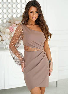 💃 Коротка сукня бежевого кольору з блискітками на одне плече🔥 Розкіш і грація в кожній деталі! 🔥