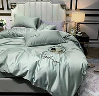 Постільна білизна полуторна Сатин / Комплект півтораспальної постільної білизни звишивкою Мята