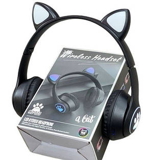 Дитячі навушники з котячими вушками Cat MZ-023 Bluetooth RGB підсвічування FM microSD Чорний, фото 1