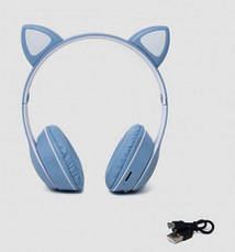 Дитячі навушники з котячими вушками Cat MZ-023 Bluetooth RGB підсвічування FM microSD Синій, фото 5