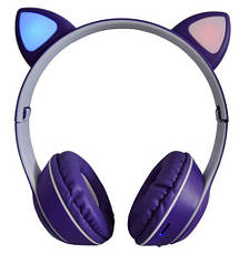 Дитячі навушники з котячими вушками Cat MZ-023 Bluetooth RGB підсвічування FM microSD Темно синій, фото 3