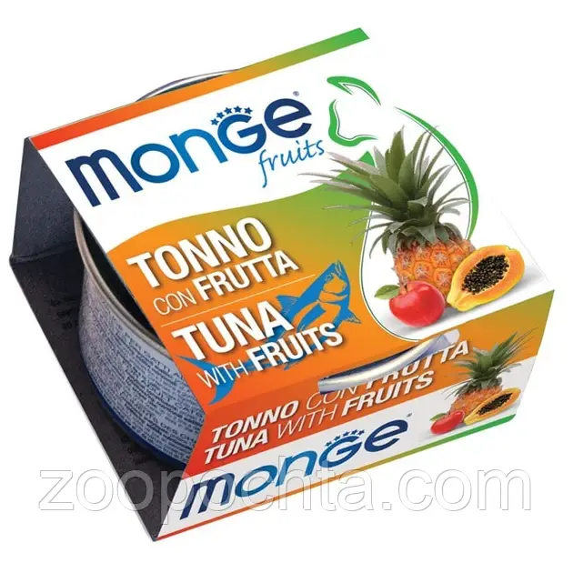 Вологий корм для кішок Monge (Монж) Fruits Tuna Flakes with Fruits з тунцем та фруктами 80 гр, фото 1