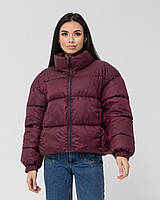 Жіноча стьобана коротка куртка оверсайз бордова до -5°С без капюшона з утеплювачем весняна осіння (Bon)