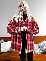 Женская рубашка в клетку оверсайз хлопковая красная с белым Рубашка свободного кроя весення осення (Bon)