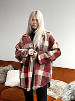 Женская рубашка в клетку оверсайз хлопковая красная с белым Рубашка свободного кроя весення осення (Bon)