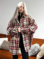 Женская рубашка в клетку оверсайз хлопковая красная с бежевым Рубашка свободного кроя весення осення (Bon)