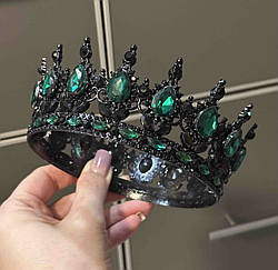 Корона металева для декору ЧОРНА з камінцями кольору МАЛАХІТ