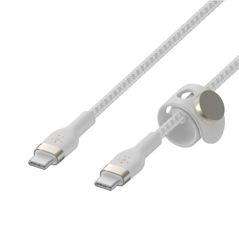 Кабель USB-C > USB-C заряджання/синхронізації Belkin 1м, 60Вт, Type-C, плетений, силіконовий, з ремінцем на магніті, білий, фото 1