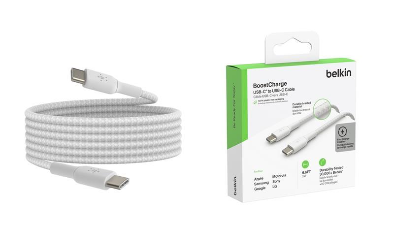 Кабель USB-C > USB-C заряджання/синхронізації Belkin 2м, 60Вт, Type-C, плетений, білий, фото 1